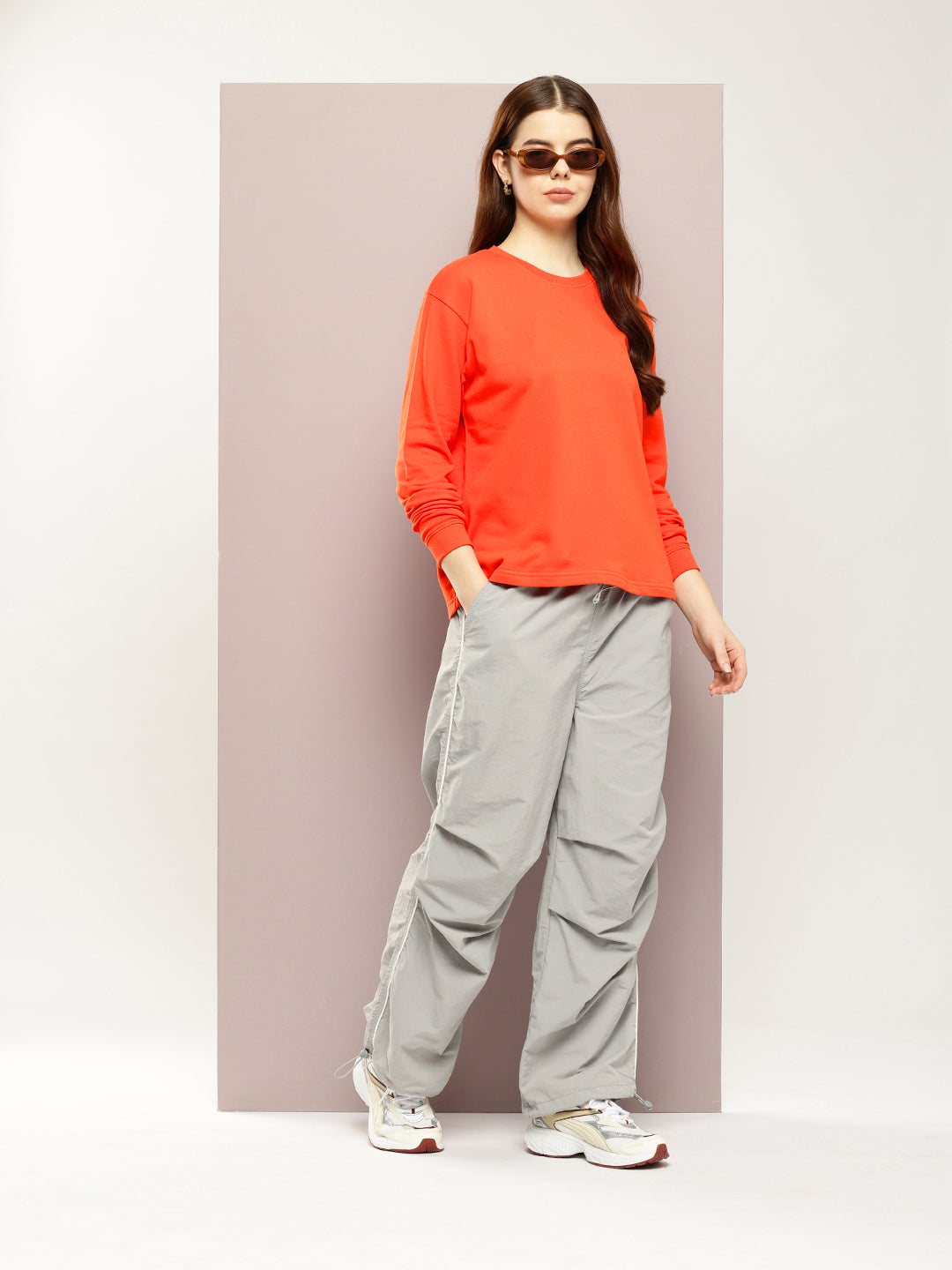 Womens Full Sleeve Round Neck Solid Boxy Fit Tshirts