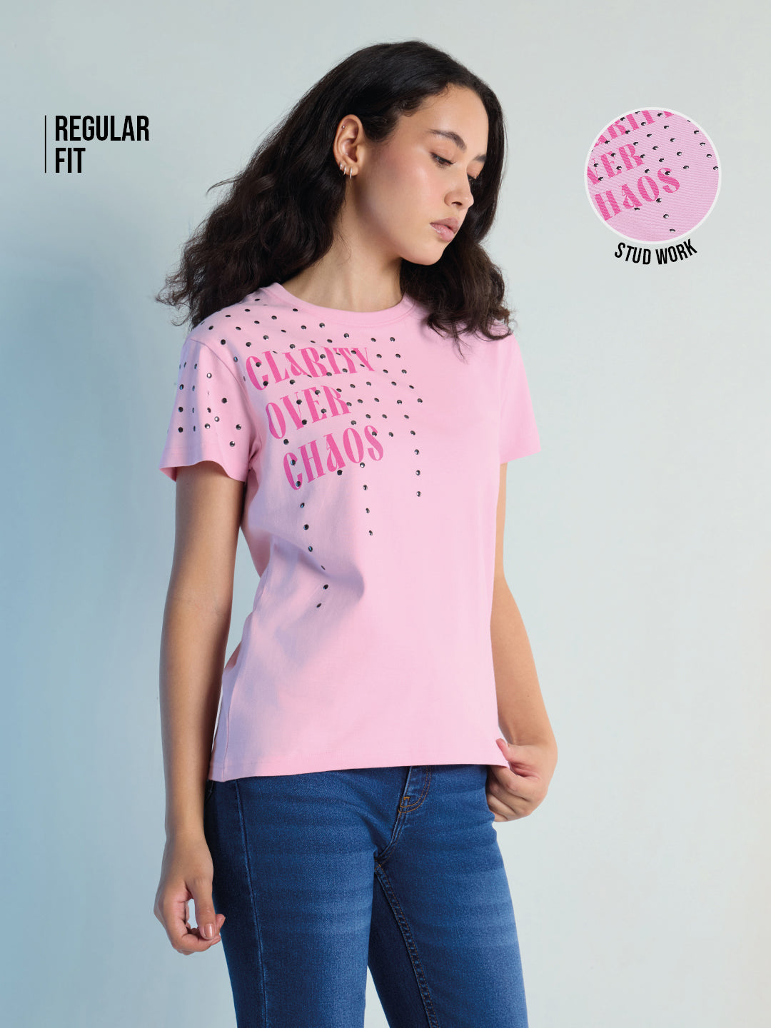 Womens Stud Detailed Regular Fit Round Neck Tshirt 