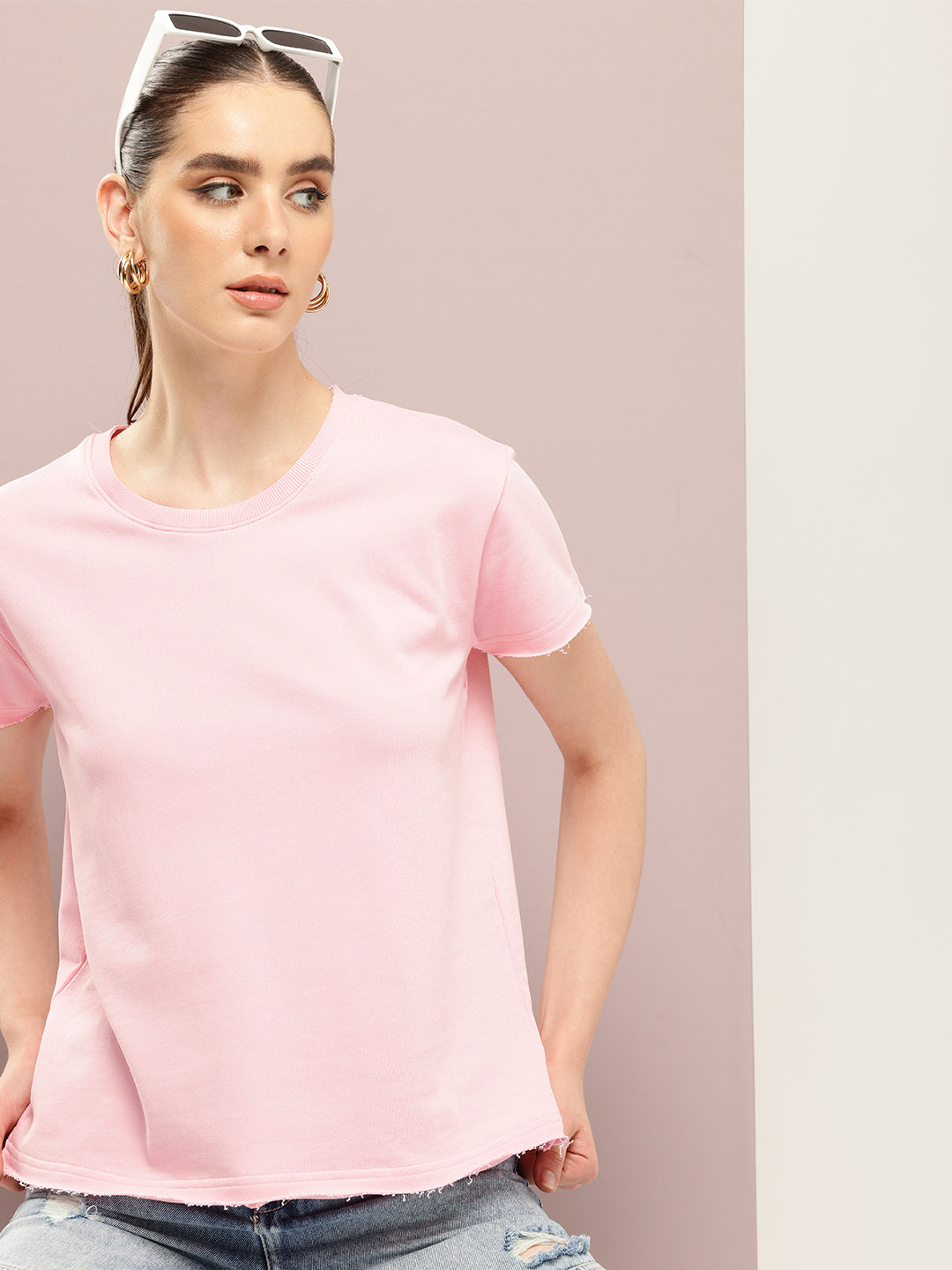 Womens Half Sleeve Round Neck Solid Boxy Fit Tshirts