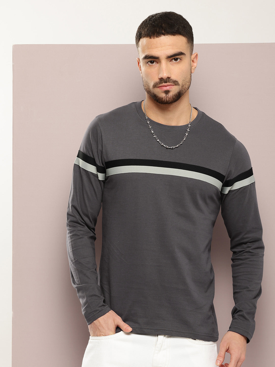 Mens Full Sleeve Round Neck Striped Regular Fit Tshirts