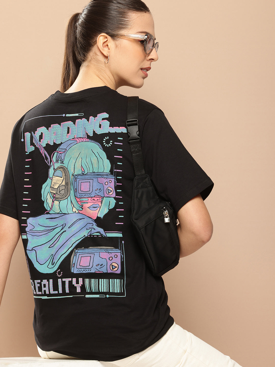 Womens Half Sleeve Round Neck Back Printed Oversized Fit Tshirts