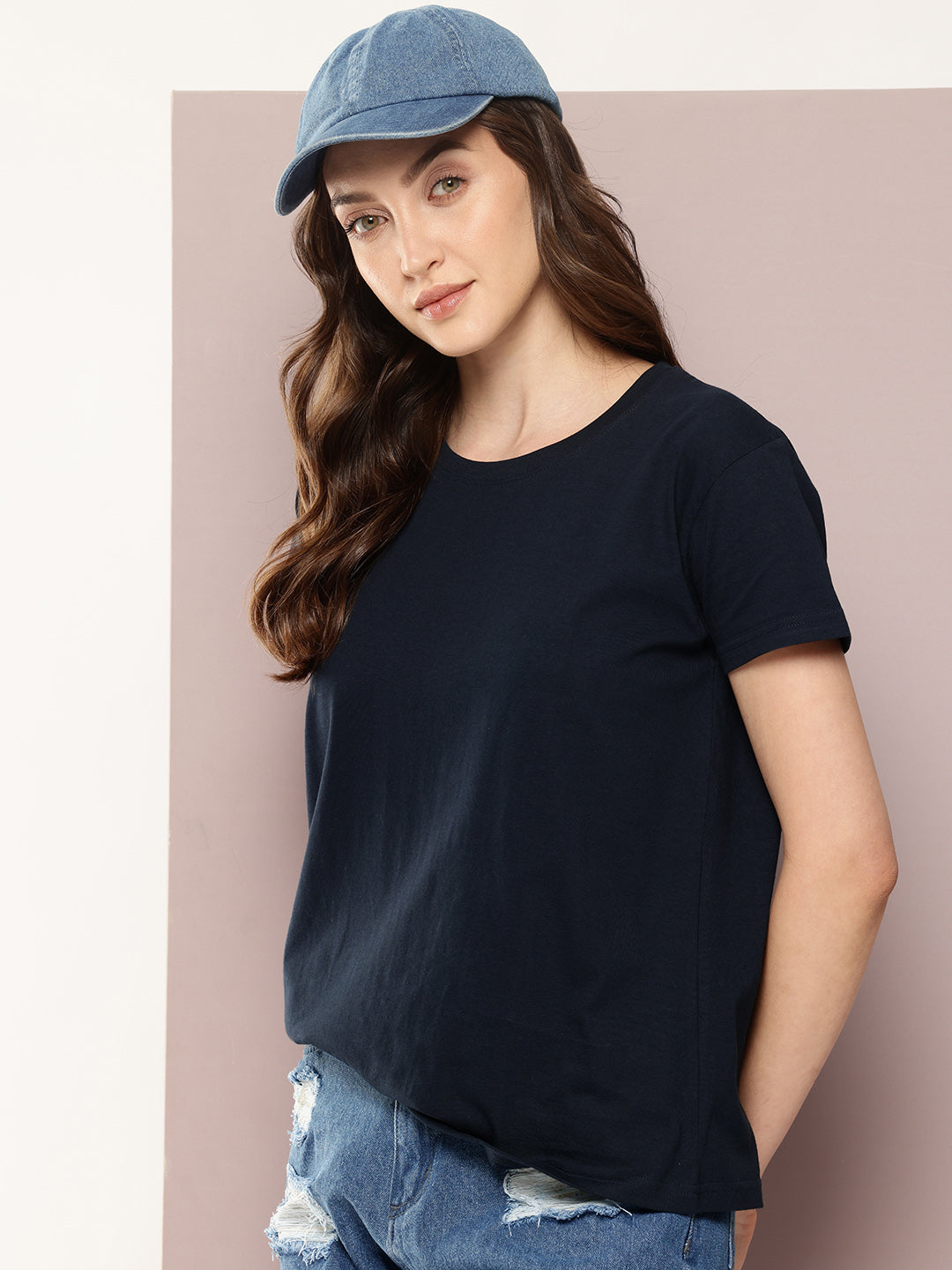 Womens Half Sleeve Round Neck Solid Boxy Fit Tshirts