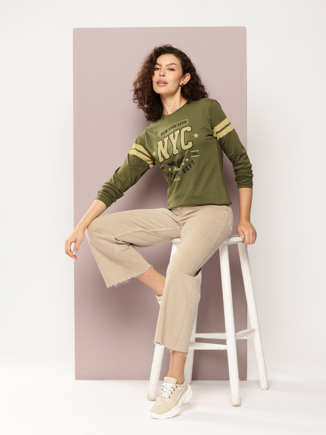 Womens Full Sleeve Round Neck Printed Oversized Fit Tshirts