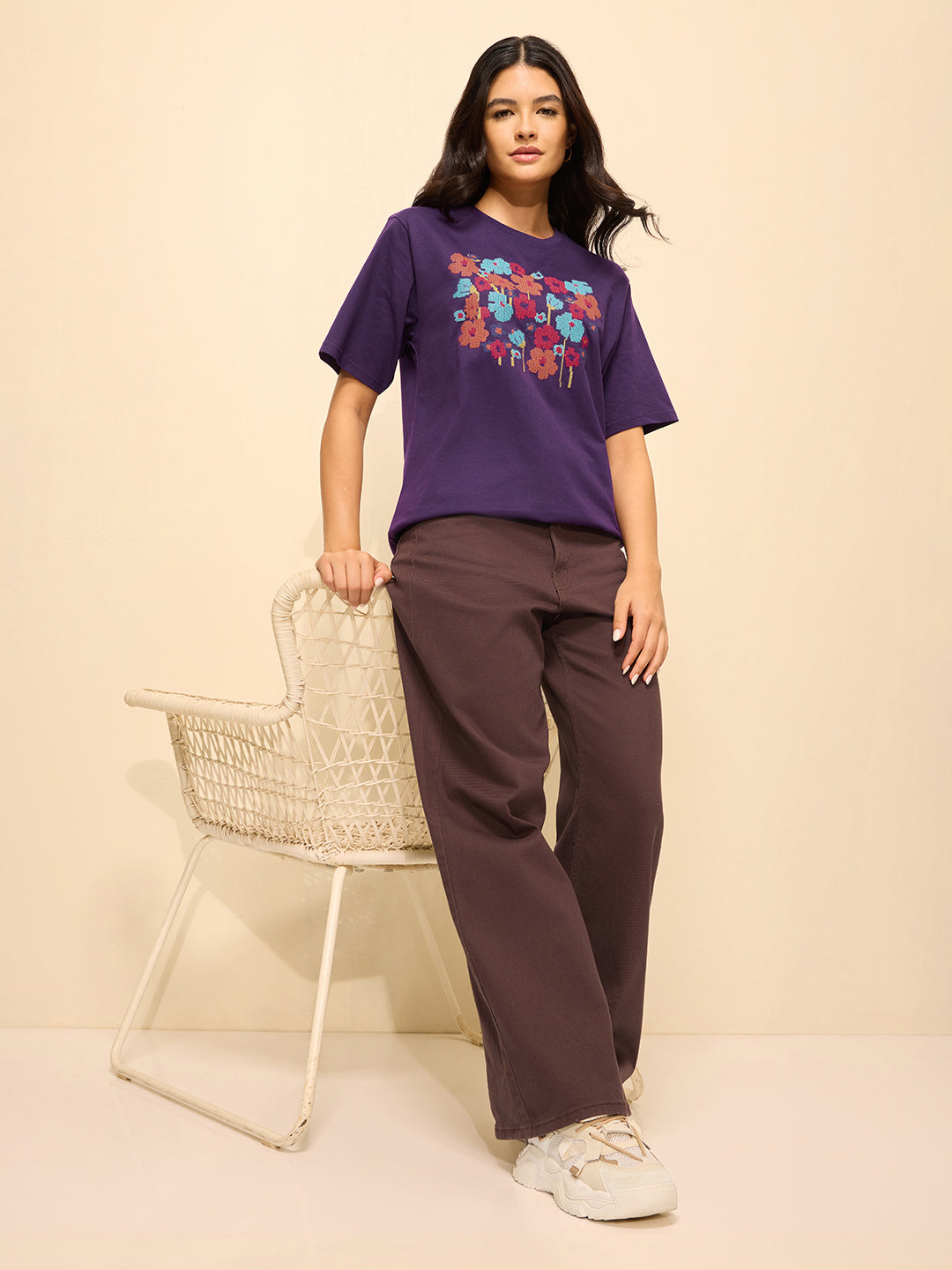 Womens Embroidery Oversized Fit Cotton T-Shirt