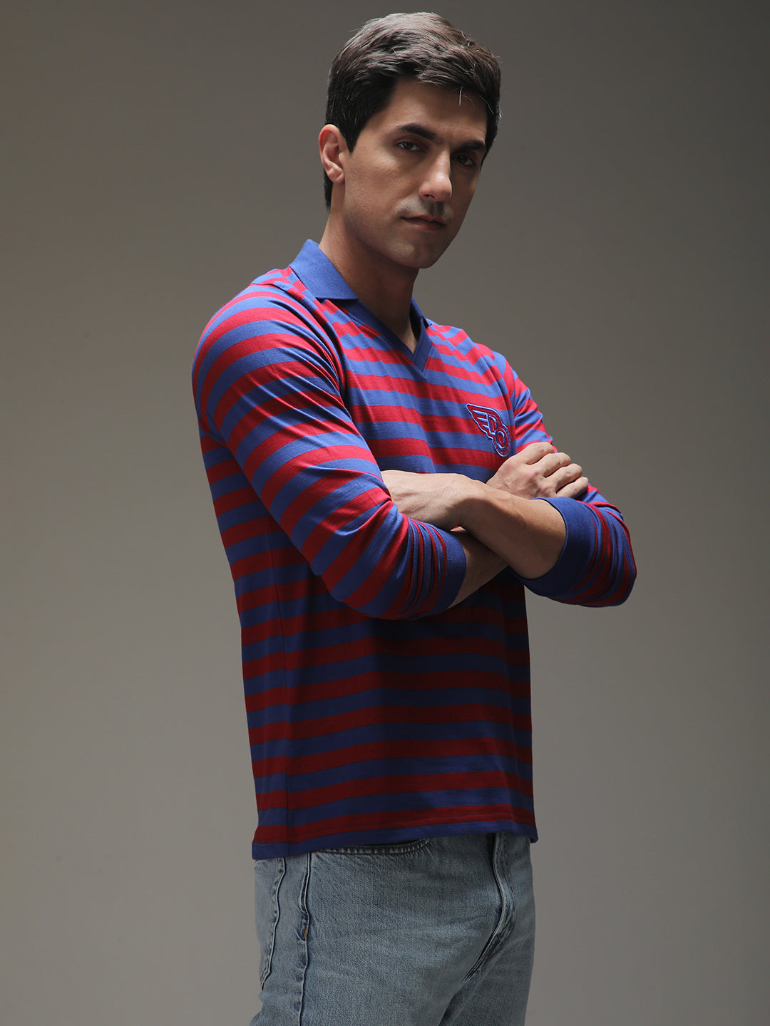 Mens Full Sleeve Polo Neck Striped Regular Fit Tshirts