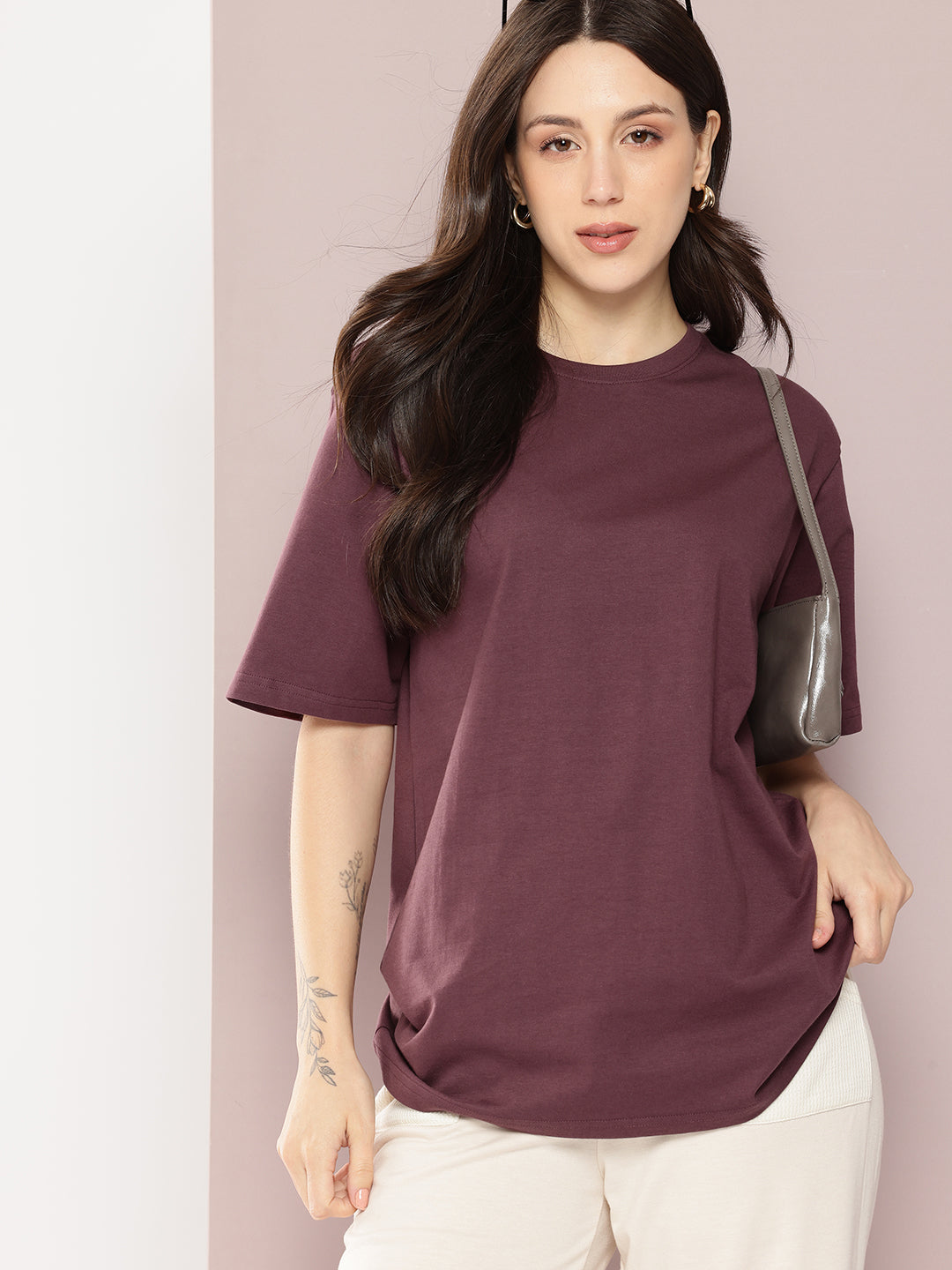 Womens Half Sleeve Round Neck Solid Oversized Fit Tshirts