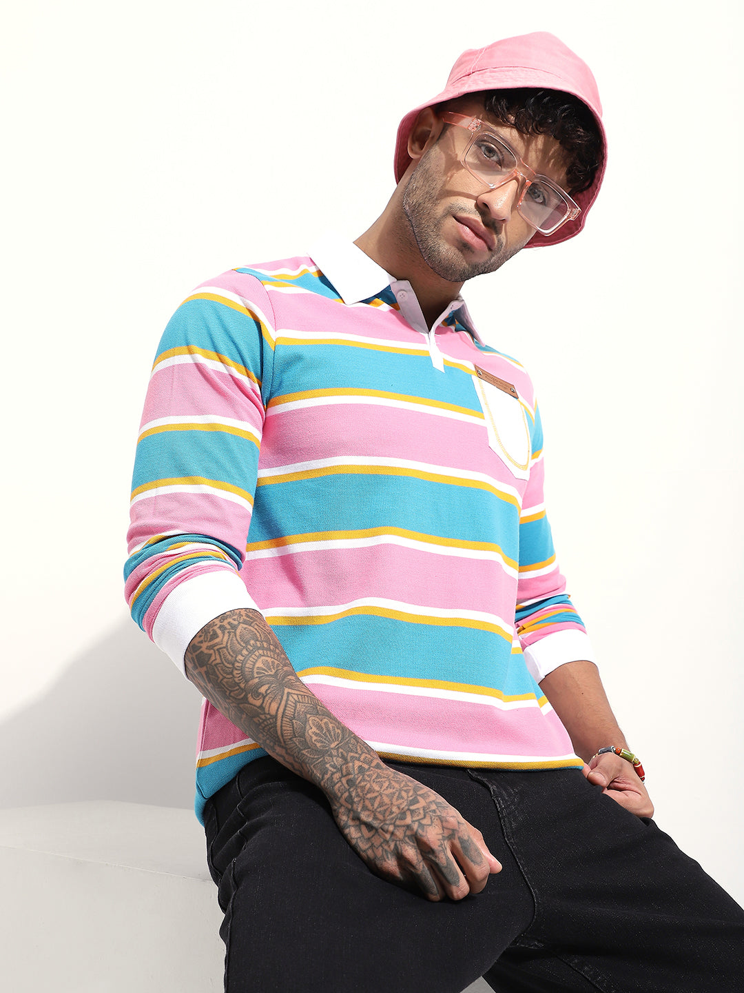 Mens Full Sleeve Polo Neck Striped Regular Fit Tshirts