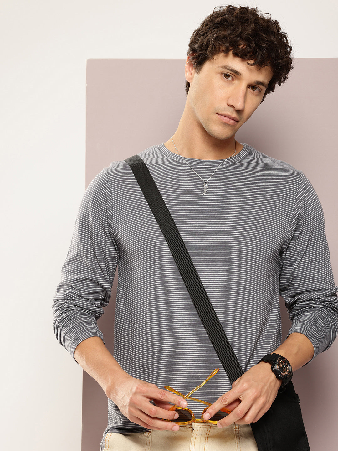 Mens Full Sleeve Round Neck All-Over Striped Regular Fit Tshirts