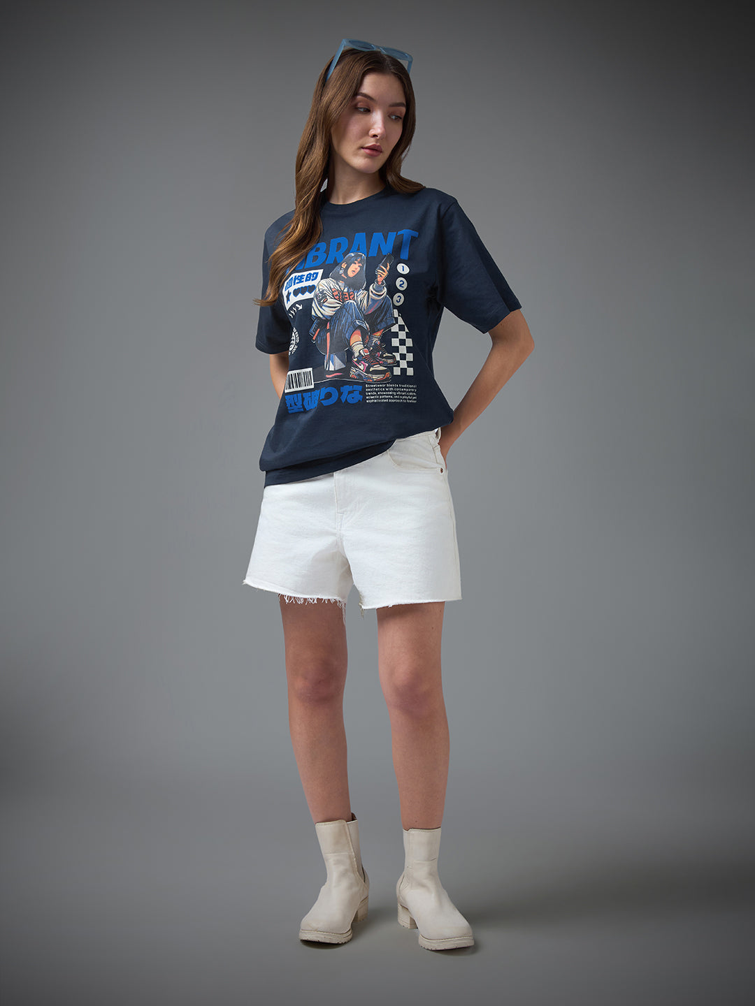 Womens Printed Round Neck Oversized Fit Tshirt