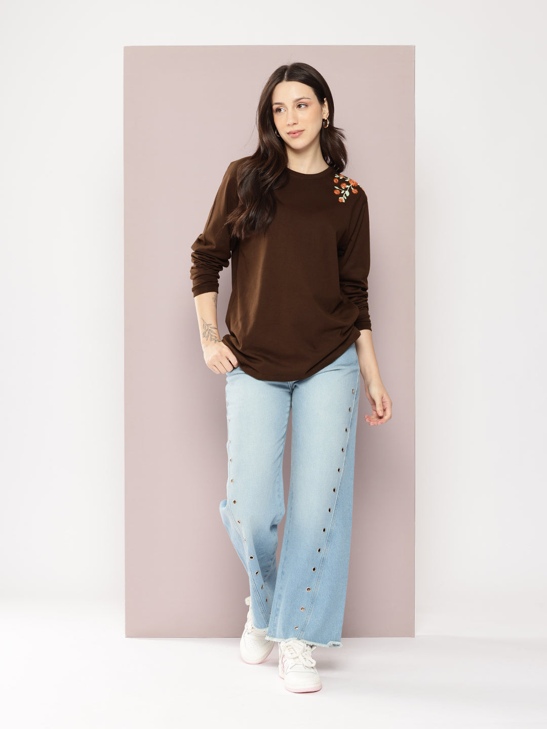 Womens Full Sleeve Round Neck Embroidered Oversized Fit Tshirts