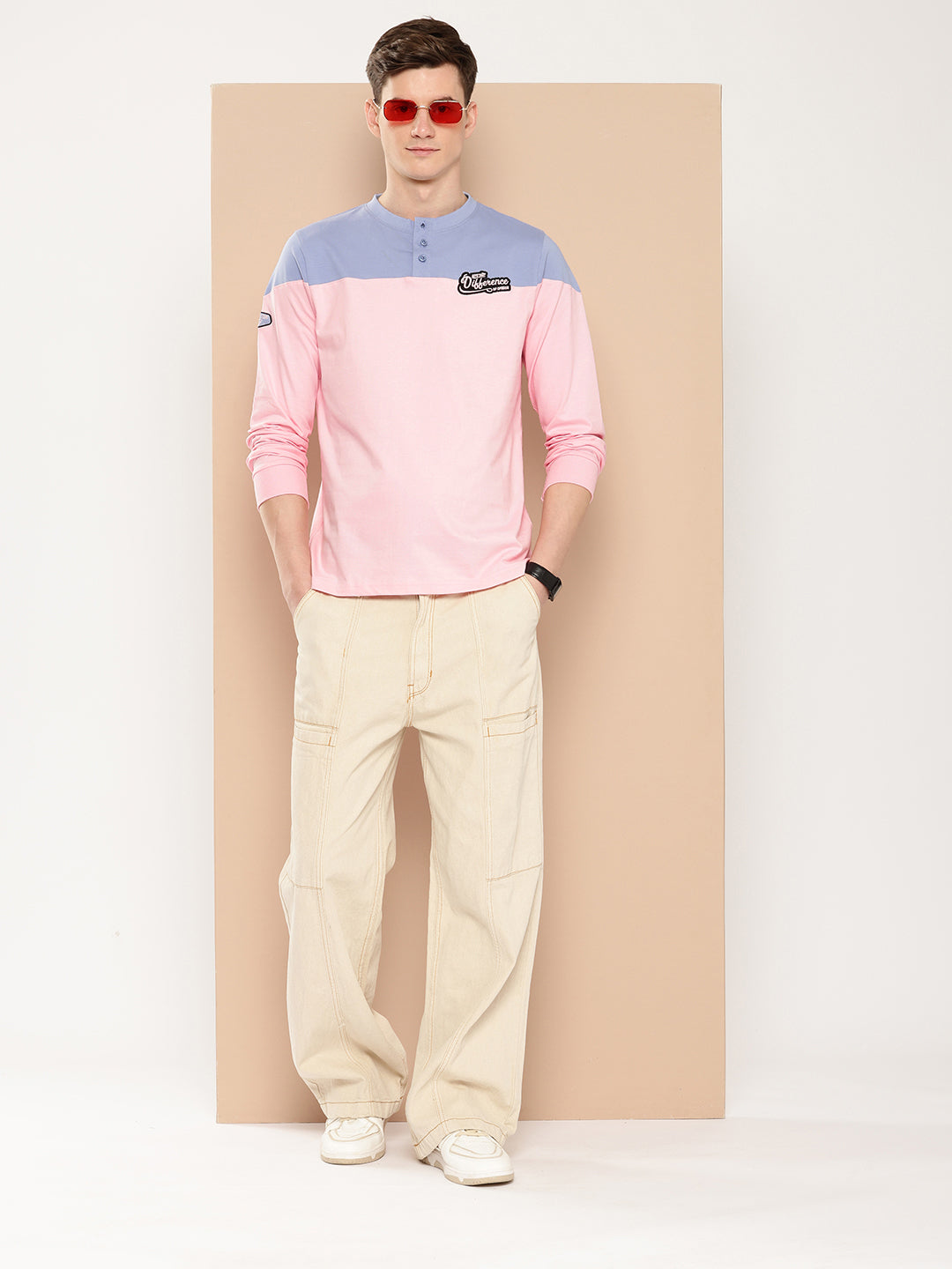 Mens Full Sleeve Henley Neck Colourblocked Regular Fit Tshirts