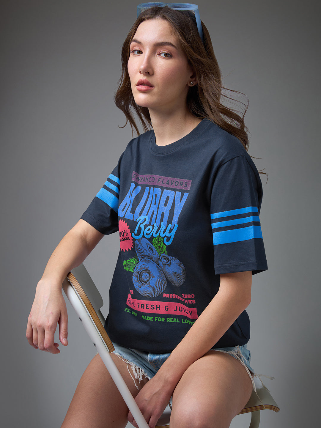 Womens Printed Round Neck Oversized Fit Tshirt