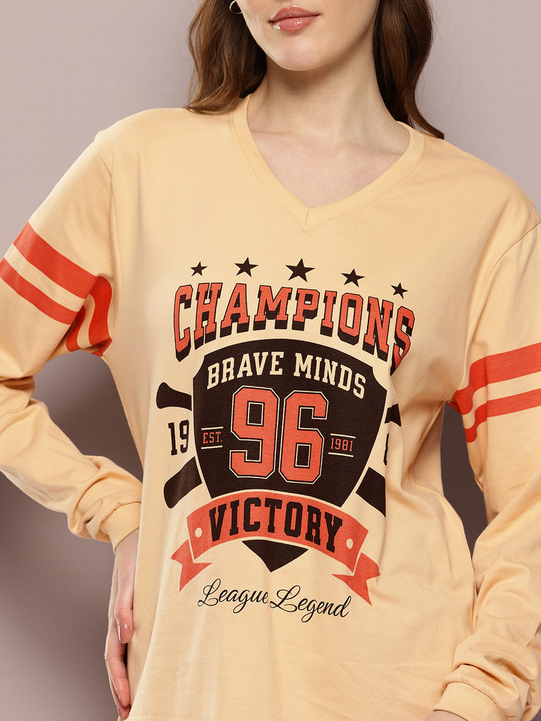 Womens Full Sleeve Round Neck Printed Oversized Fit Tshirts