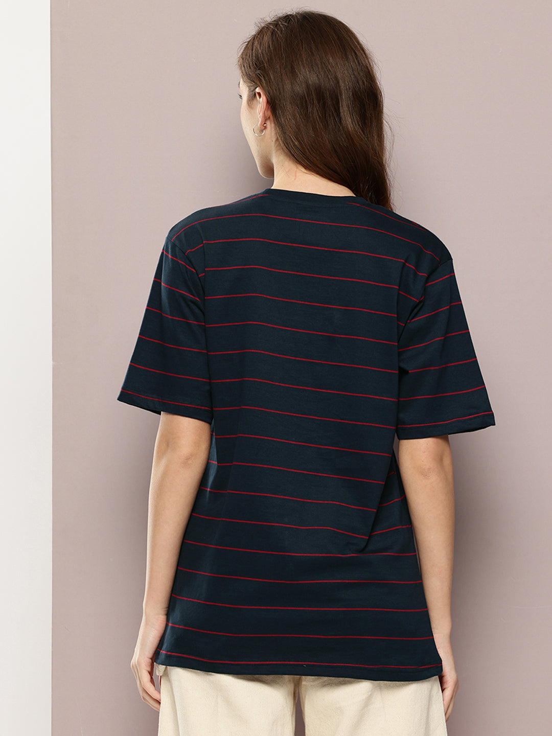 Womens Half Sleeve Round Neck Striped Oversized Fit Tshirts