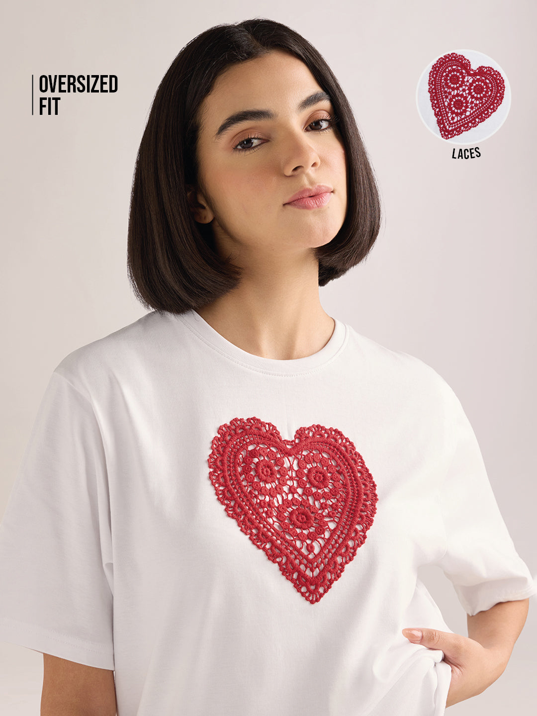 Womens Laces Detailed Oversized Round Neck Cotton Tshirt