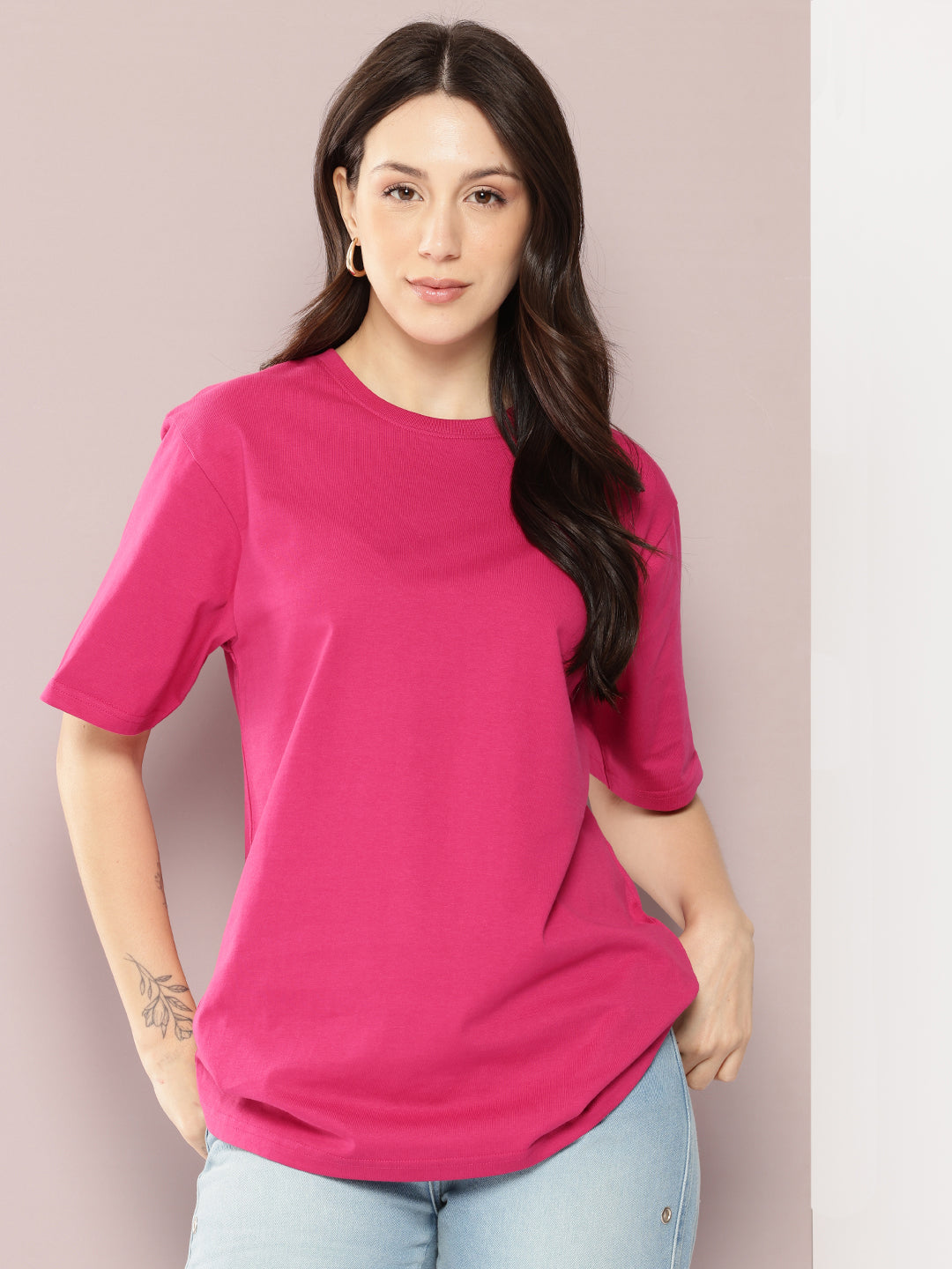 Womens Half Sleeve Round Neck Solid Oversized Fit Tshirts
