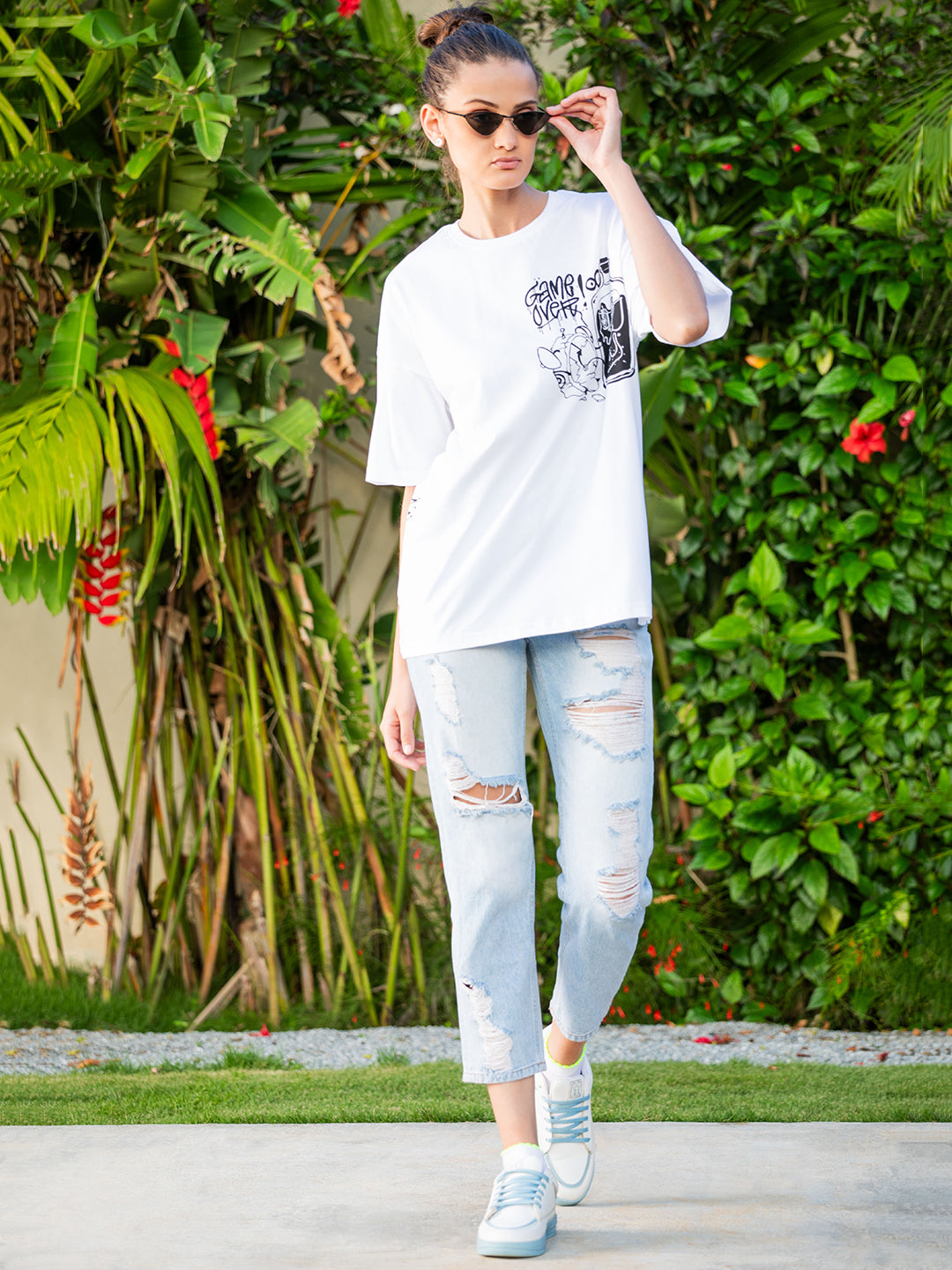 Womens Half Sleeve Drop Shoulder Printed Oversized Fit T-Shirts