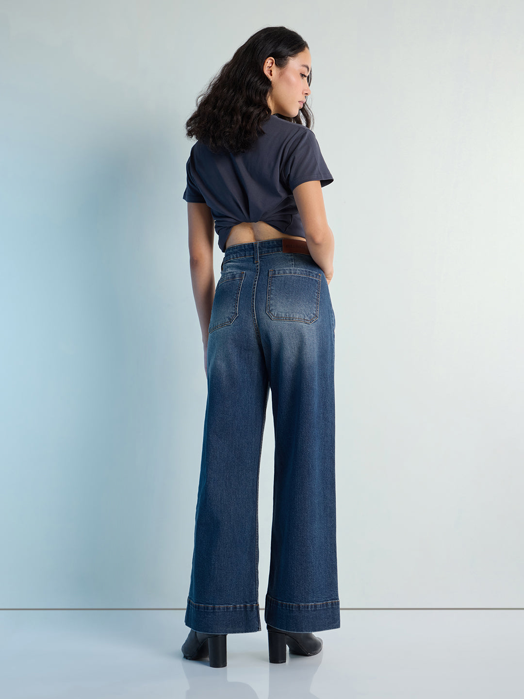 Womens Wide Leg Patch Pocket Denim Jeans Pant