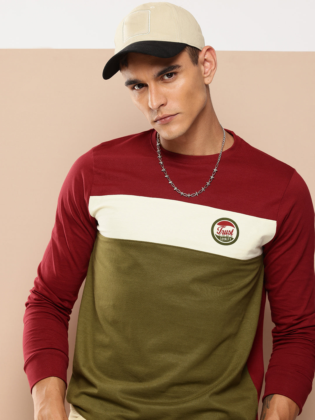 Mens Full Sleeve Round Neck Colourblocked Regular Fit Tshirts