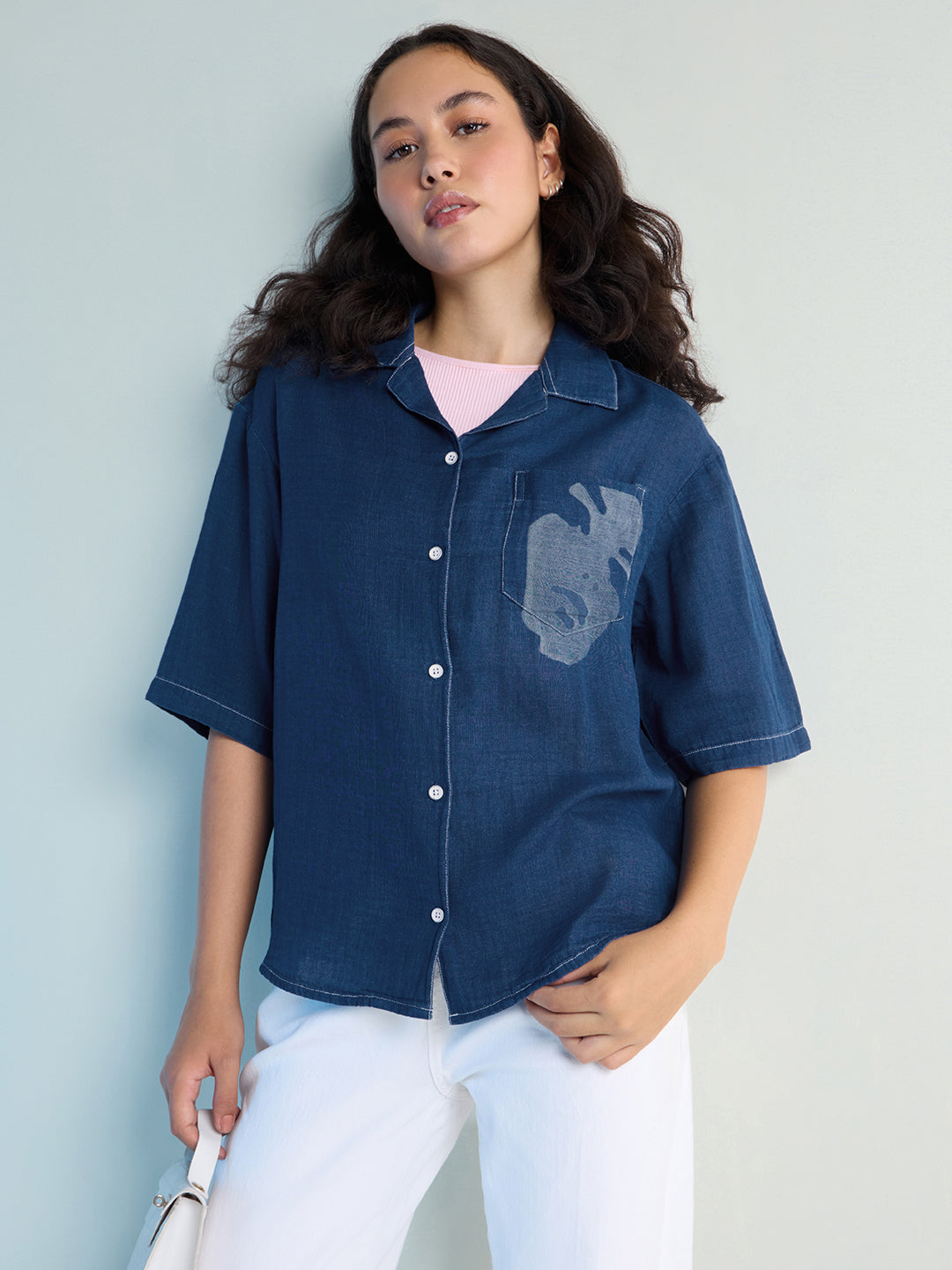 Womens Laser Printed Boxy Regular Cuban Collar Neck Denim Shirt