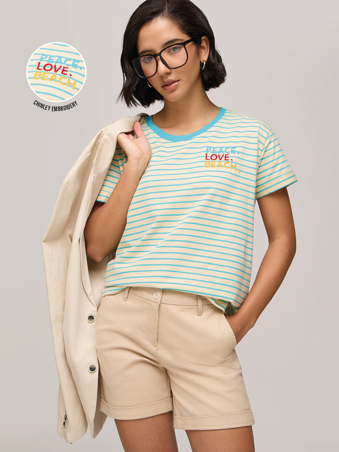 Womens Striped Boxy Regular Fit Cotton T-Shirt