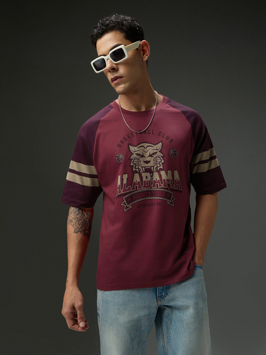 Mens Round Neck Raglan Sleeve Printed Oversized Fit Tshirt