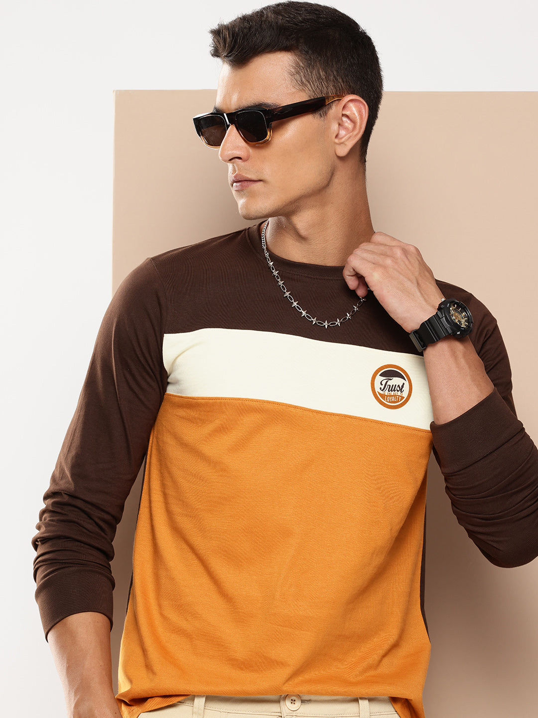 Mens Full Sleeve Round Neck Colourblocked Regular Fit Tshirts