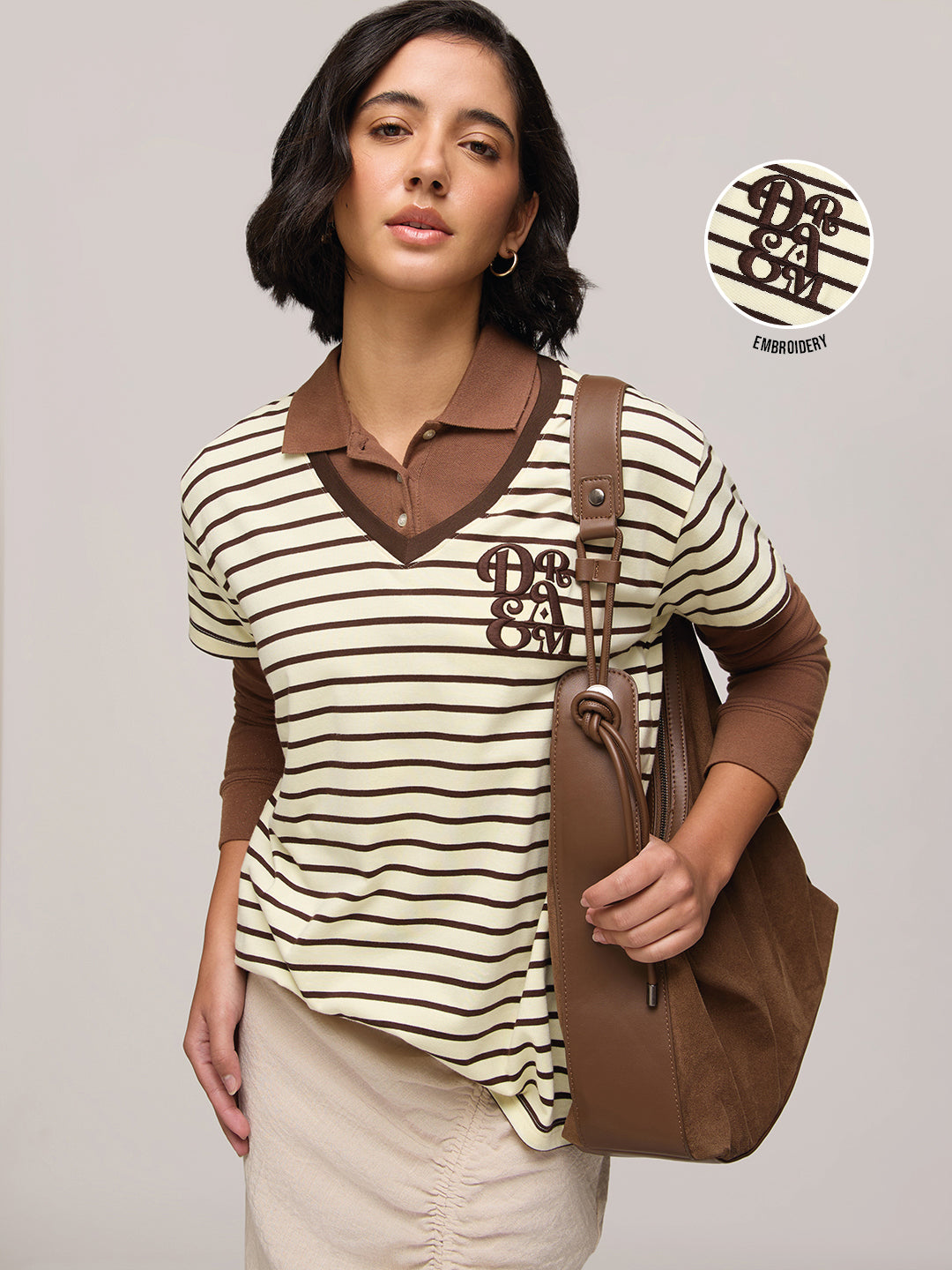 Womens Striped Boxy Regular Fit Cotton V-Neck T-Shirt
