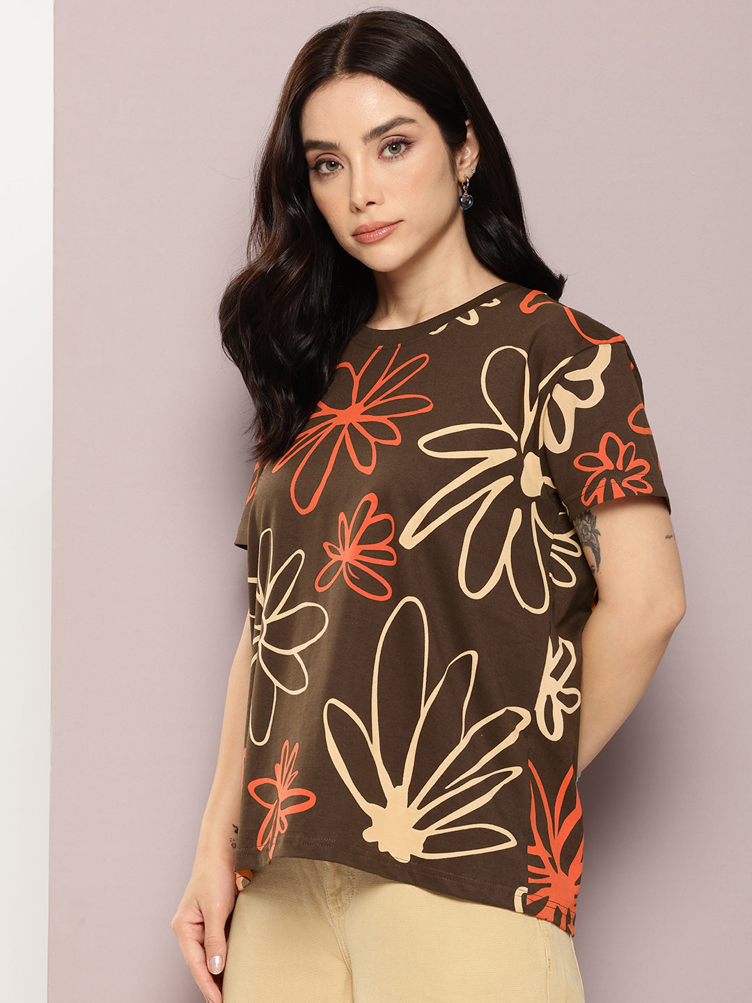 Womens Half Sleeve Round Neck All-Over Printed Boxy Fit Tshirts