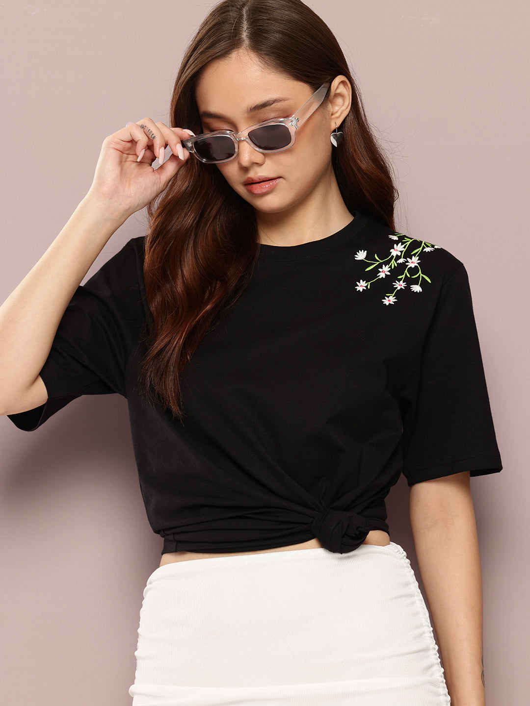 Womens Half Sleeve Round Neck Embroidered Oversized Fit Tshirts