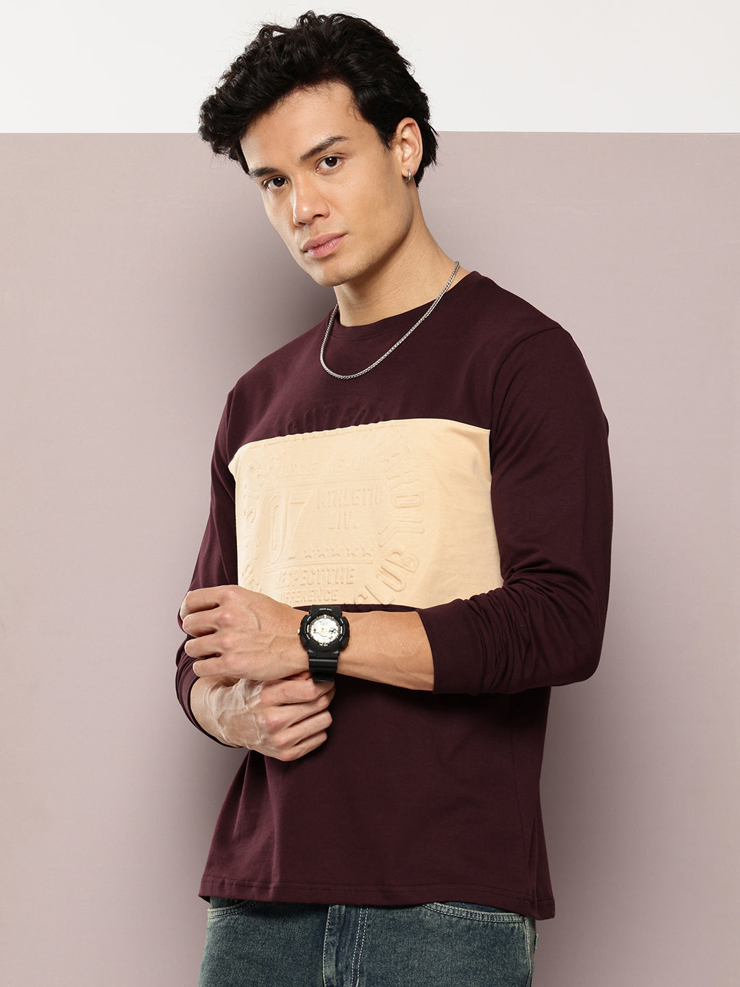 Mens Full Sleeve Round Neck Embellished Regular Fit Tshirts