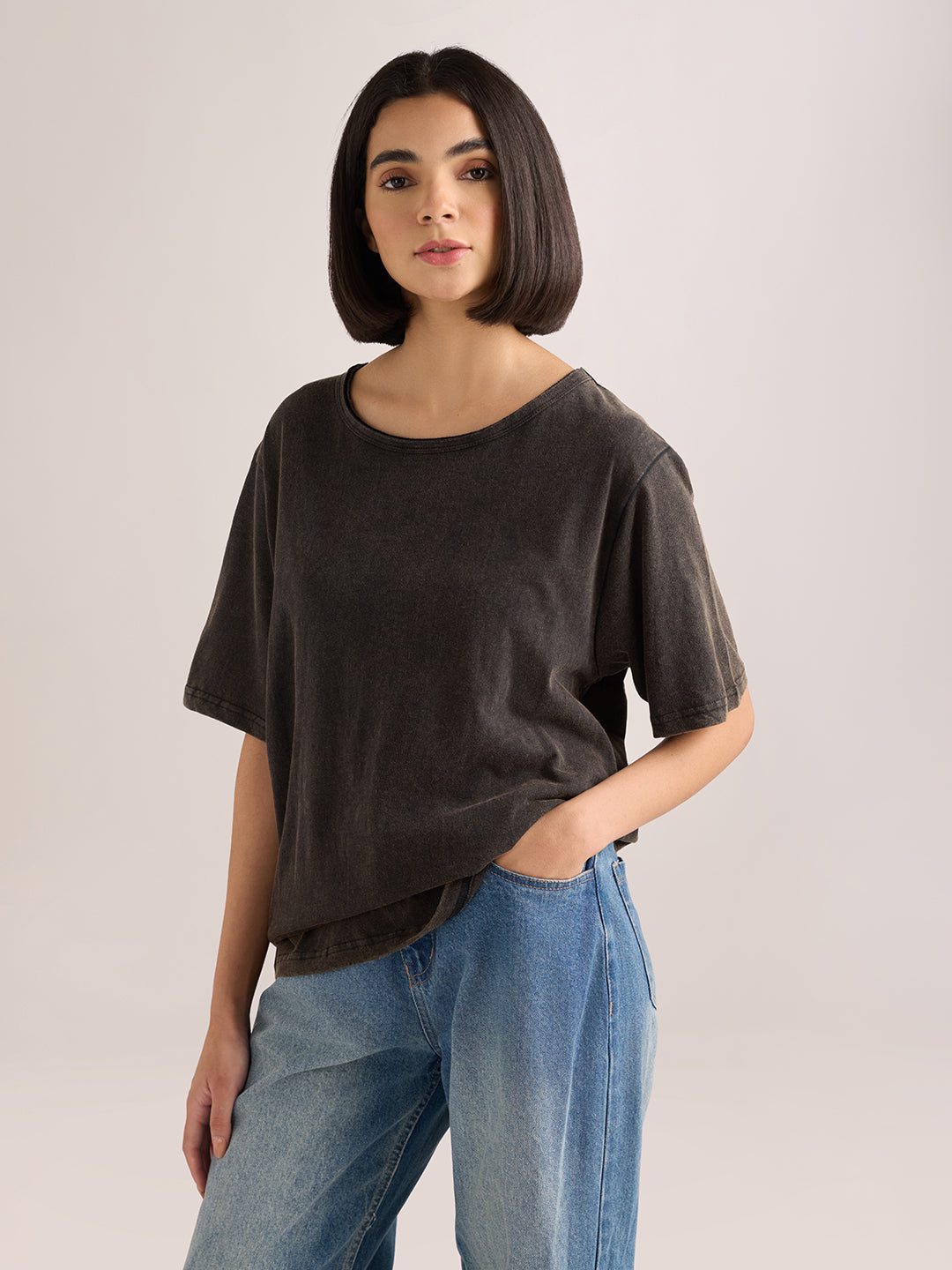 Womens Solid Oversized Slub Jersey Acid Washed  Boat Neck Tshirt