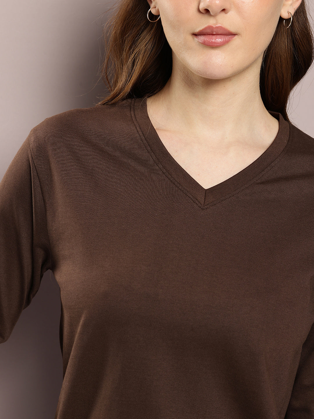 Womens Full Sleeve V-Neck Solid Regular Fit Tshirts