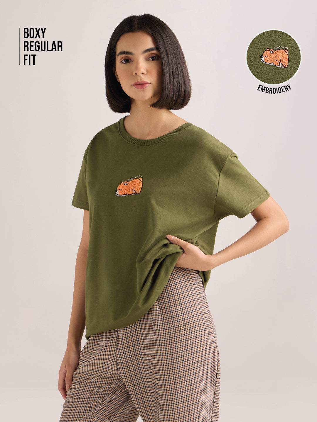 Womens Embroidery Boxy Regular Fit French Terry Cotton Tshirt