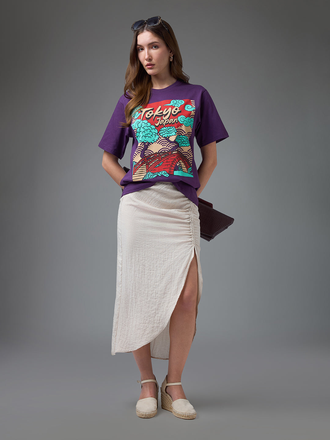 Womens Printed Round Neck Oversized Fit Tshirt