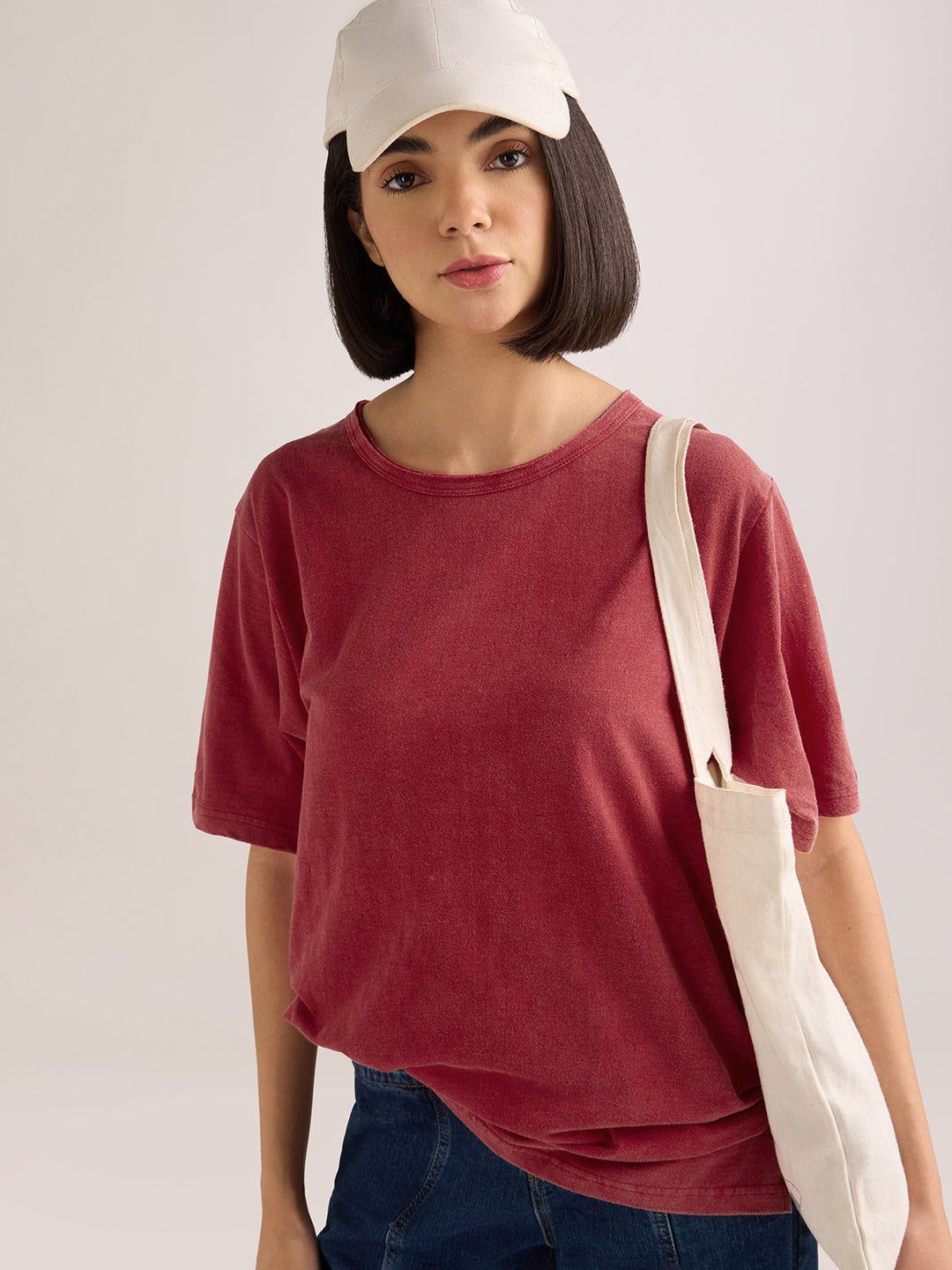 Womens Solid Oversized Slub Jersey Acid Washed  Boat Neck Tshirt