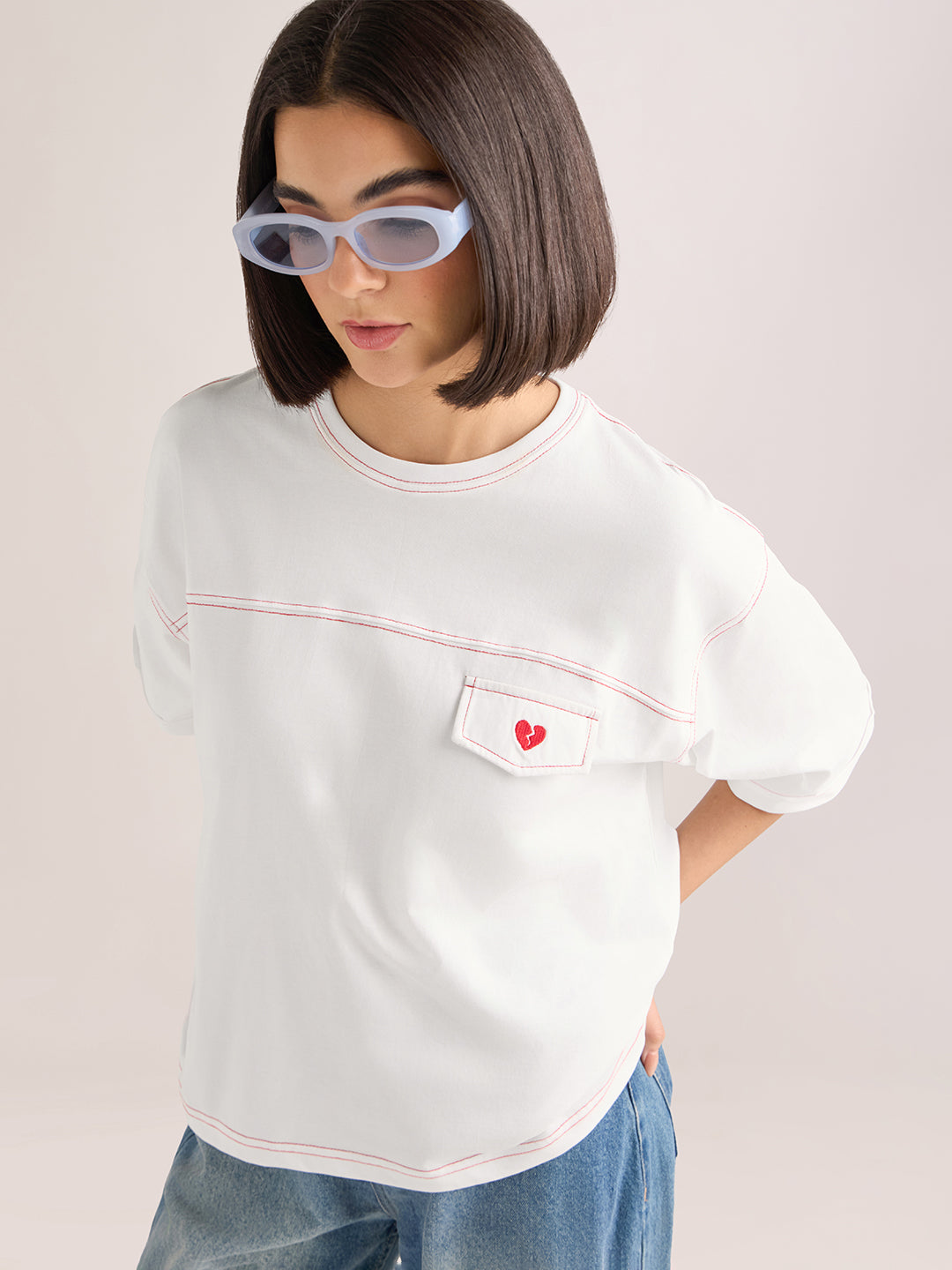 Womens Embroidery Boxy Regular Fit Cut & Sew Cotton Tshirt