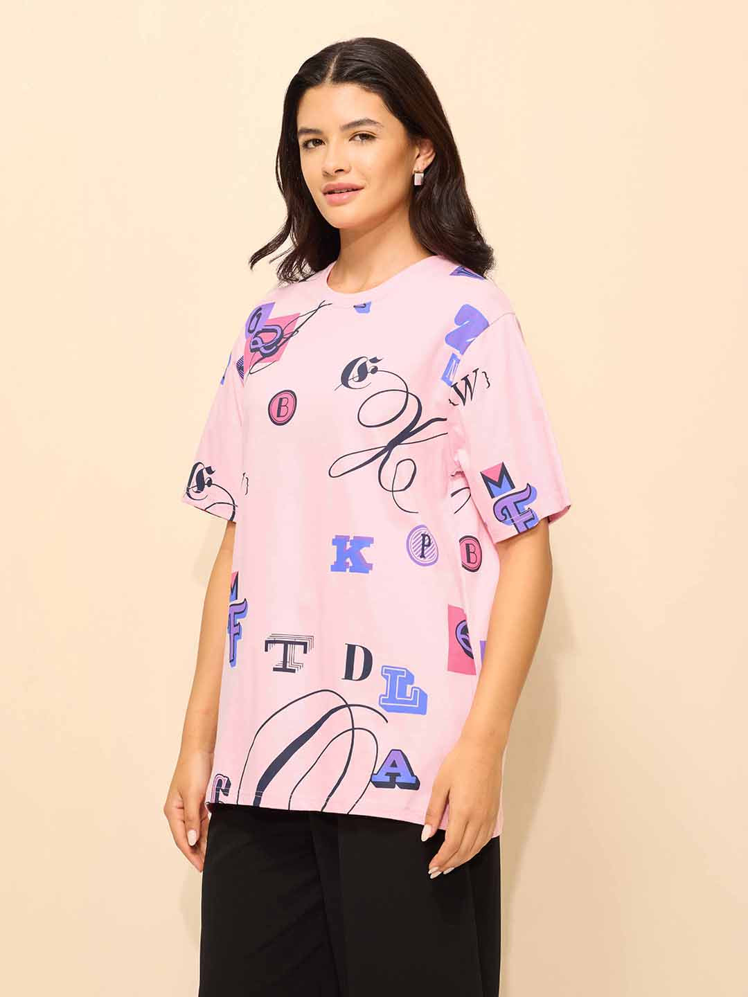 Womens All Over Printed Oversized Fit Cotton T-Shirt