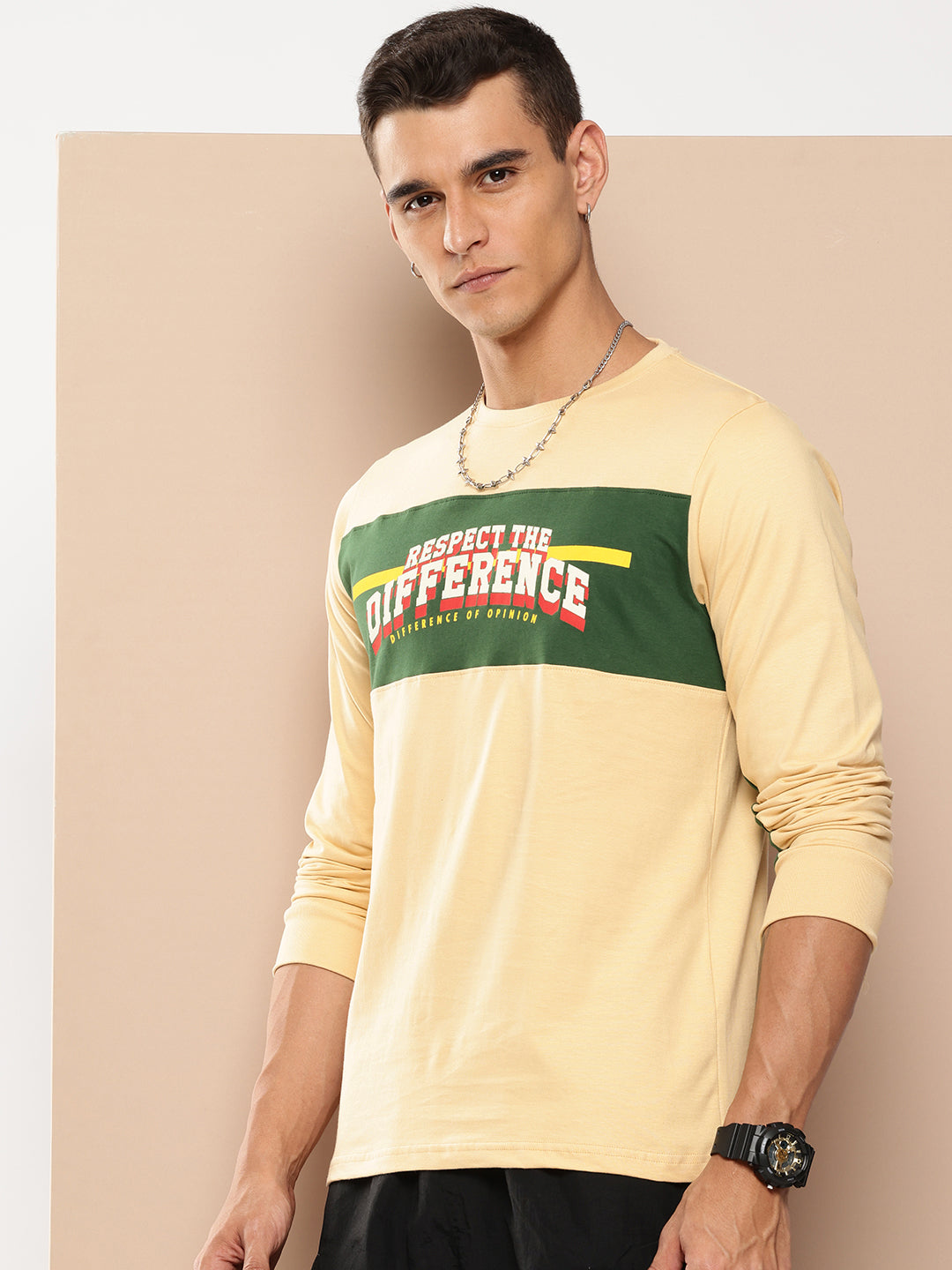 Mens Full Sleeve Round Neck Colourblocked Regular Fit Tshirts