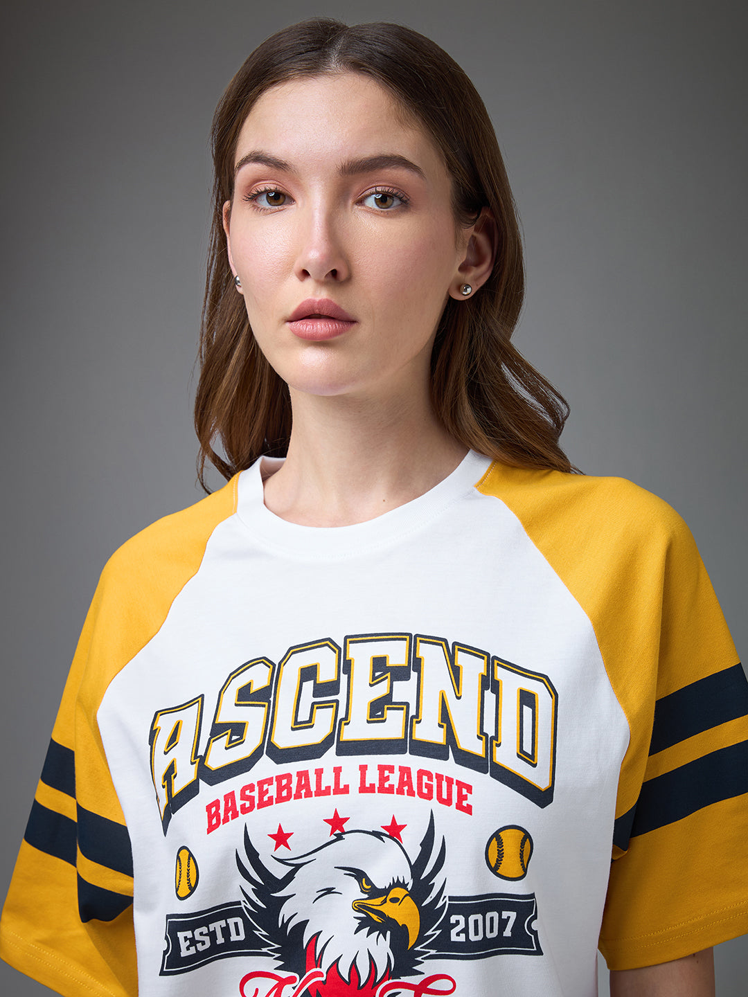 Womens Printed Raglan Sleeves Round Neck Oversized Fit Tshirt