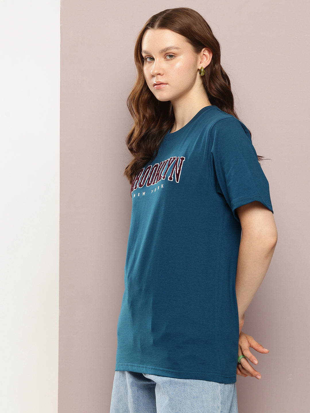 Womens Half Sleeve Round Neck Embroidery Oversized Fit Tshirts