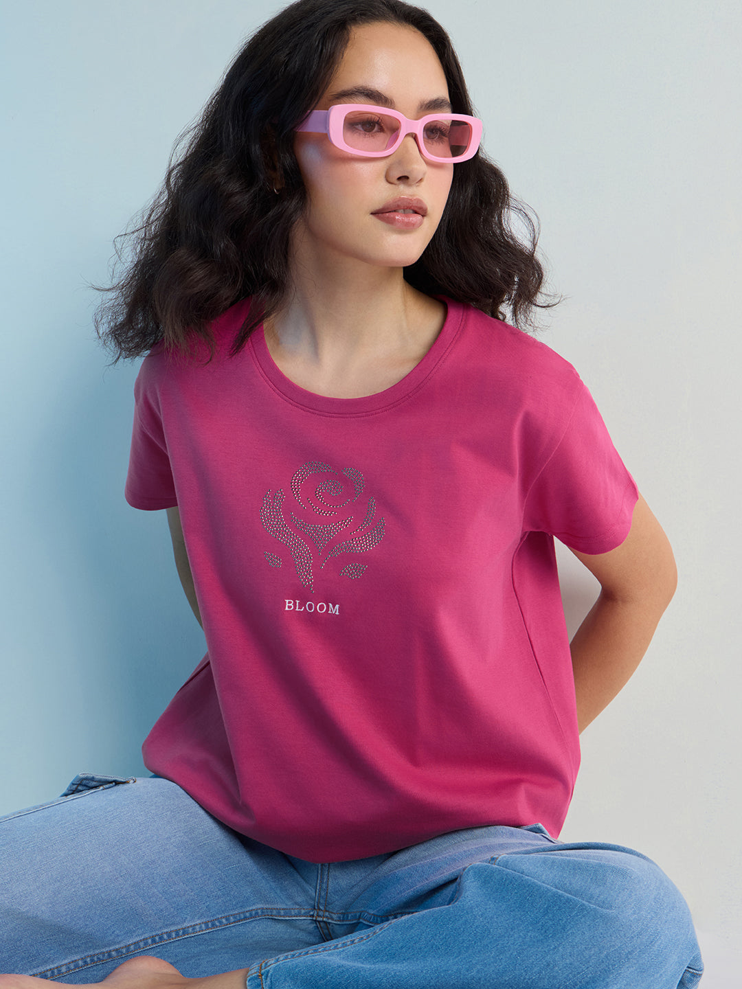 Womens Stud Detailed Boxy Regular Round Neck Tshirt 