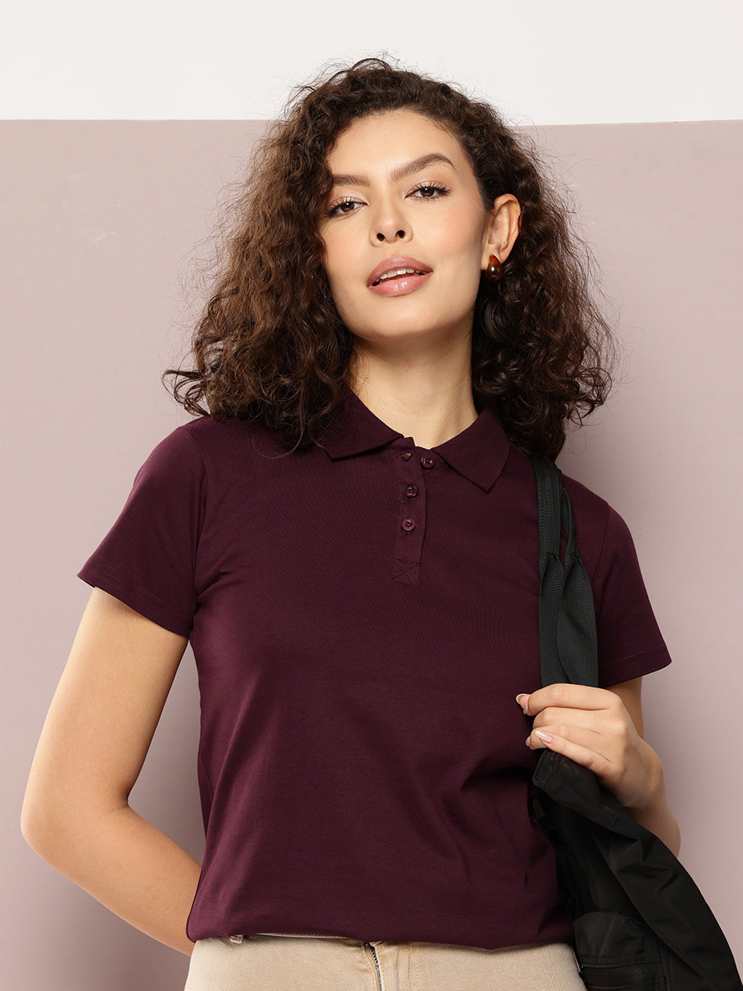 Womens Half Sleeve Polo Neck Solid Regular Fit Tshirts