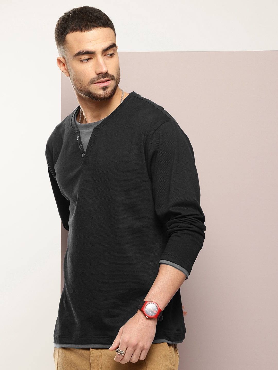 Mens Full Sleeve V-Neck Solid Oversized Fit Tshirts