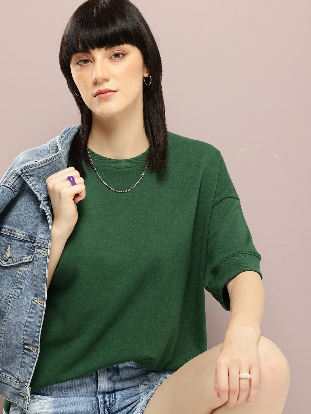 Womens Half Sleeve Round Neck Solid Oversized Fit Tshirts