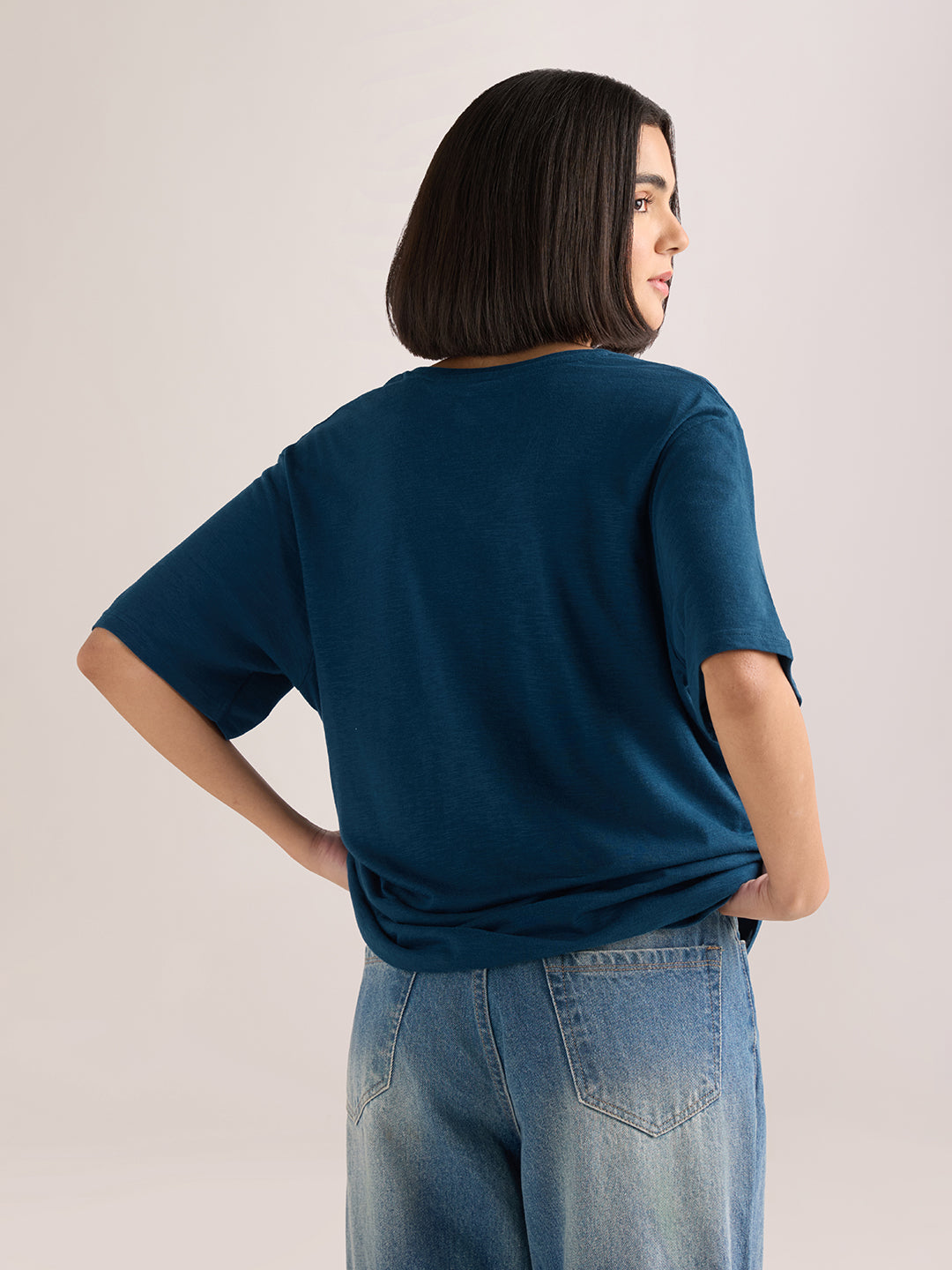 Womens Solid Oversized Cotton Modal V-Neck Tshirt
