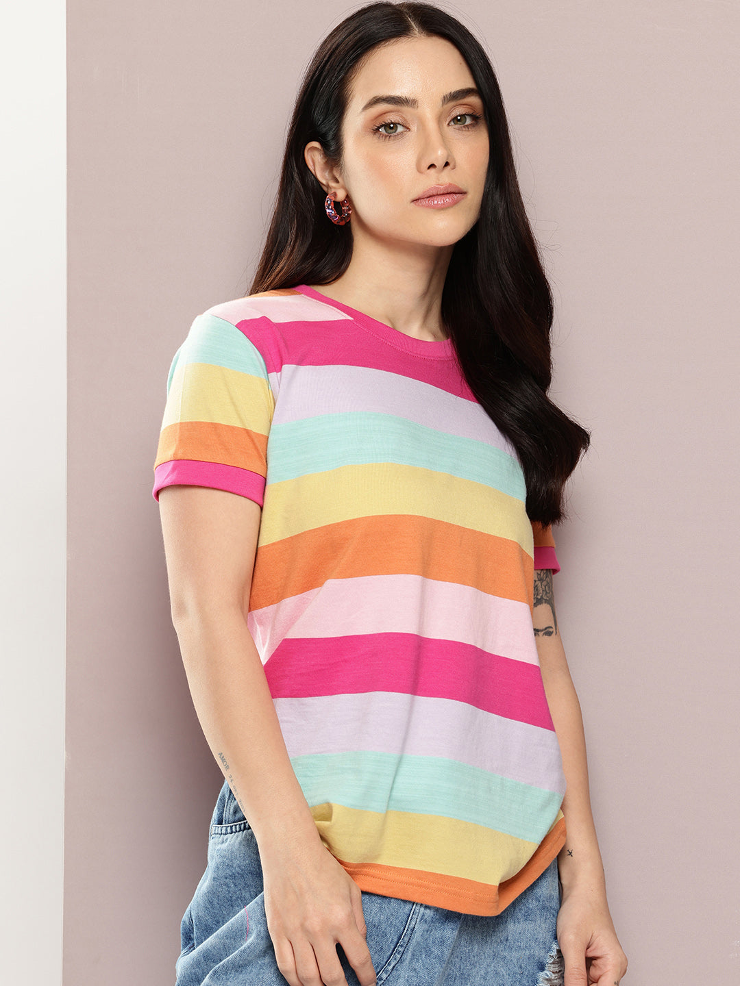 Womens Half Sleeve Round Neck All-Over Striped Regular Fit Tshirts