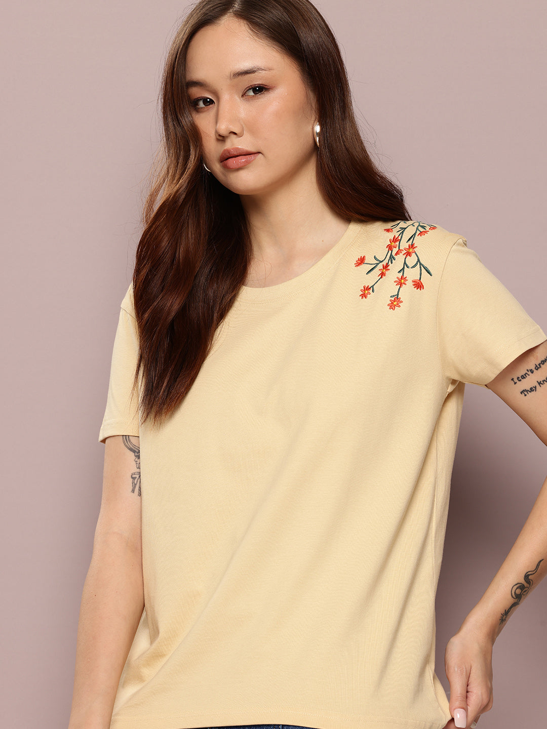 Womens Half Sleeve Round Neck Embroidered Boxy Fit Tshirts