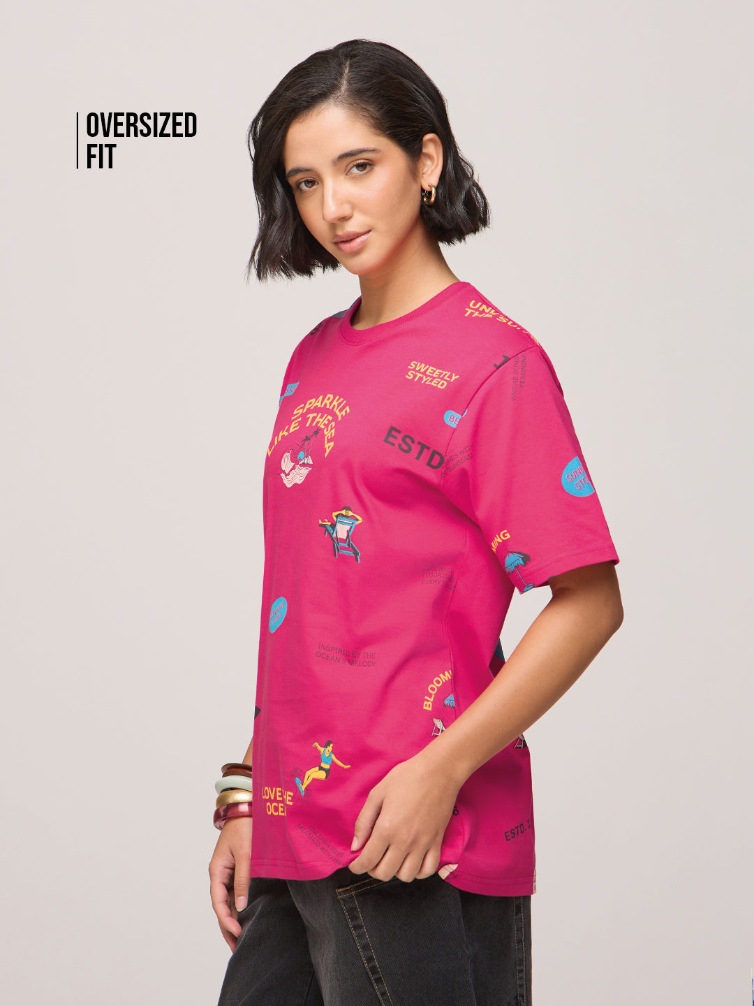 Womens Printed Oversized Fit Cotton T-Shirt