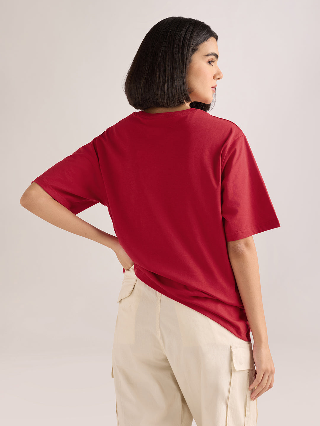 Womens Laces Detailed Oversized Round Neck Cotton Tshirt